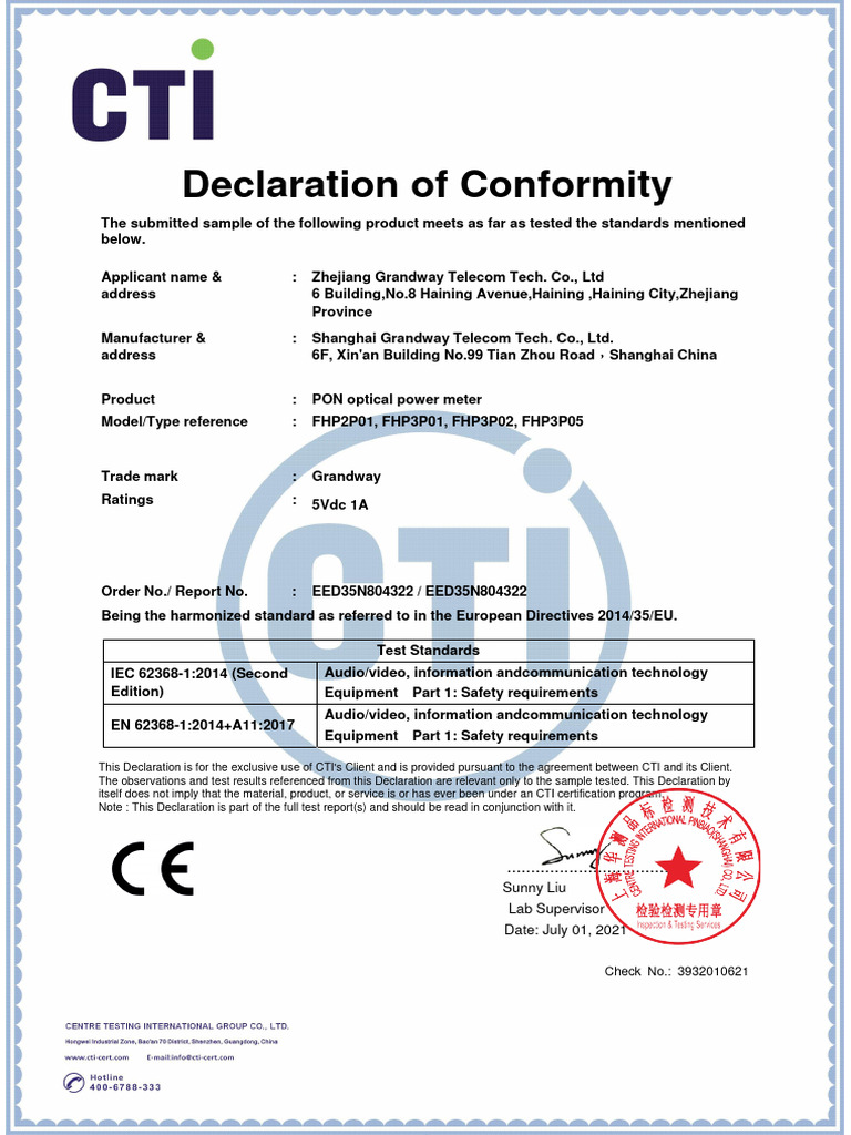 Conformity Declaration for PON Meter | PDF | Computers