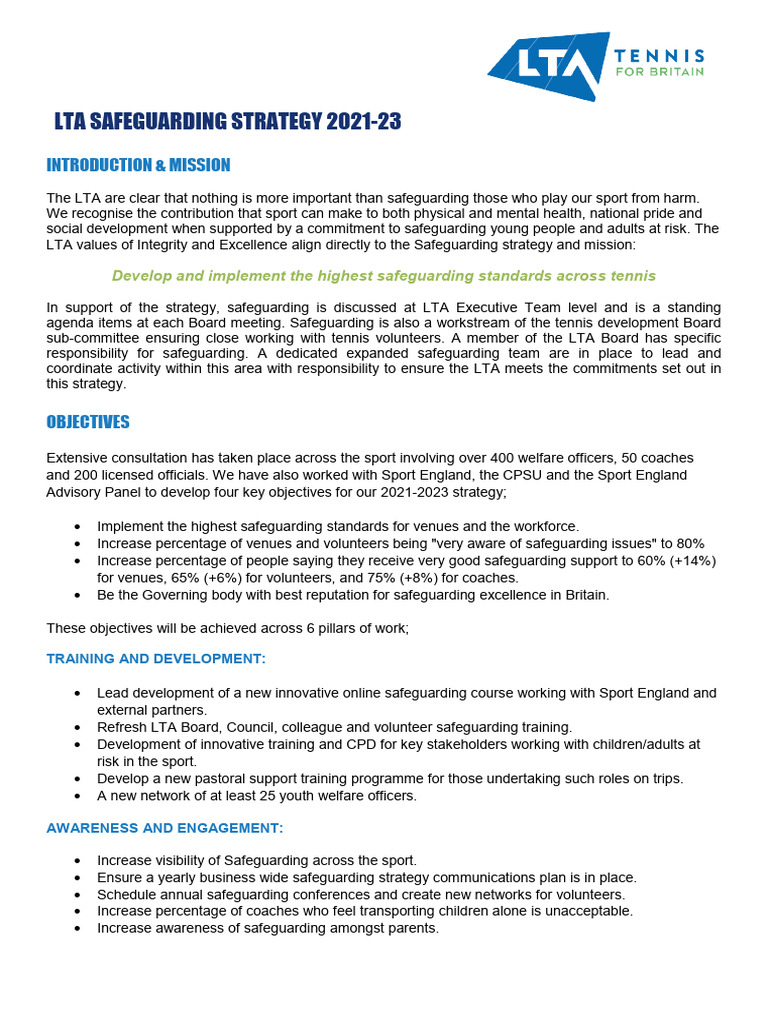 LTA Safeguarding Strategy 2021-23 | PDF | Sports | Child Protection