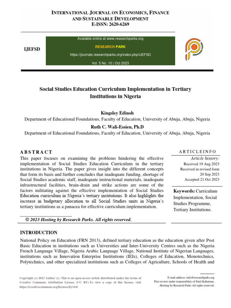 Social Studies Education Curriculum Implementation in Tertiary ...