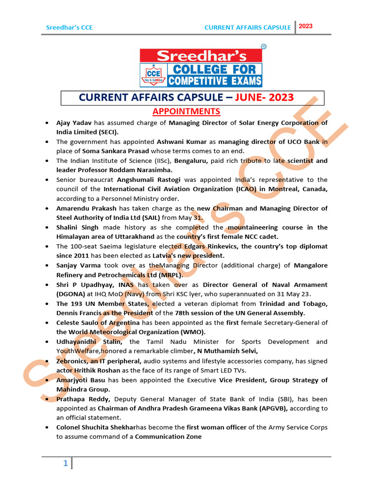 June 2023 Current Affairs Highlights | PDF | Banks | Reserve Bank Of India