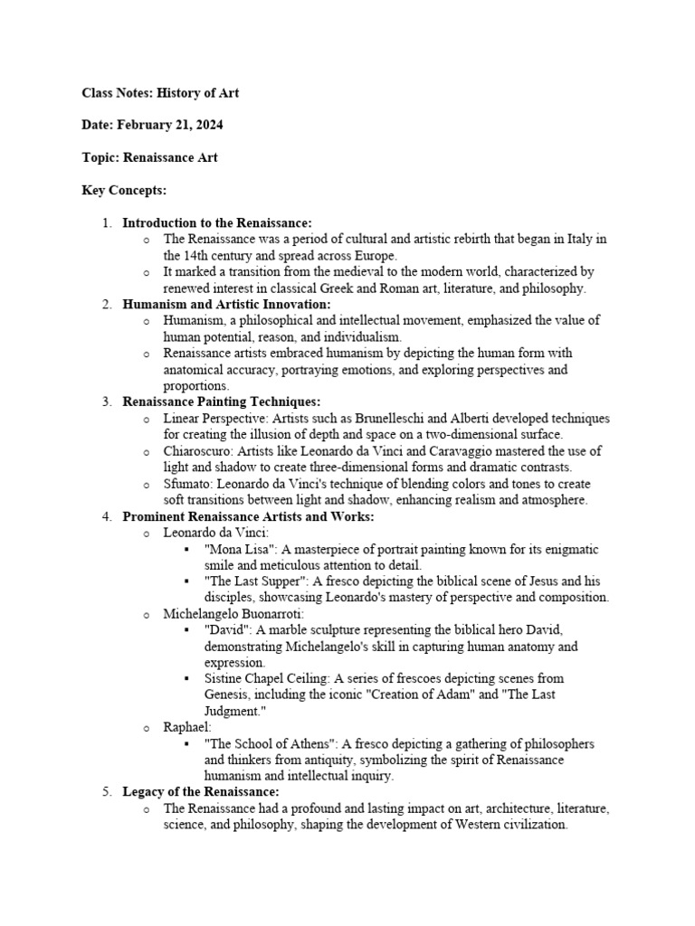 History of Art Class Notes PDF Renaissance Renaissance Art