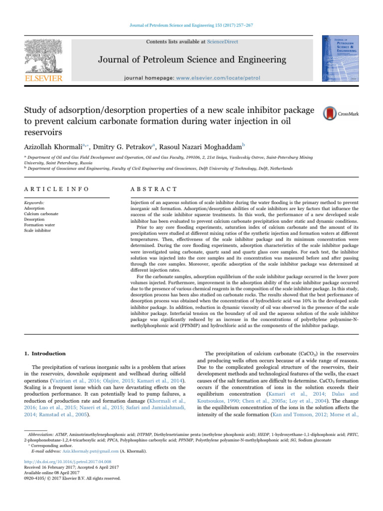 Study of Adsorption Desorption Properties of A New Scale Inhibitor ...