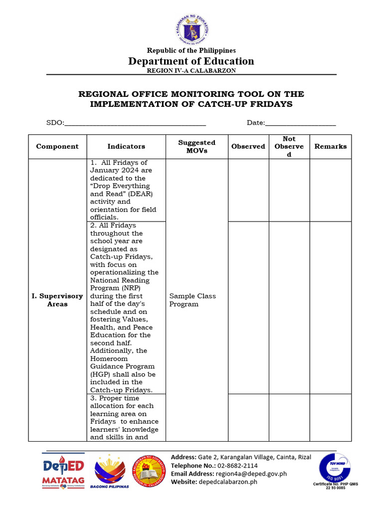 Catch-Up Fridays Monitoring Tool | PDF | Learning | Cognition