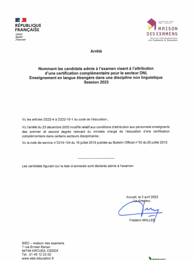 Arrete Collectif DNL1 Et 2 - Session 2023 | PDF