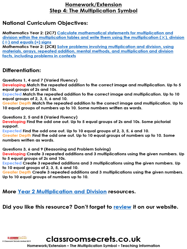 Year 2 Multiplication Symbol Homework | PDF | Mathematics | Cognition