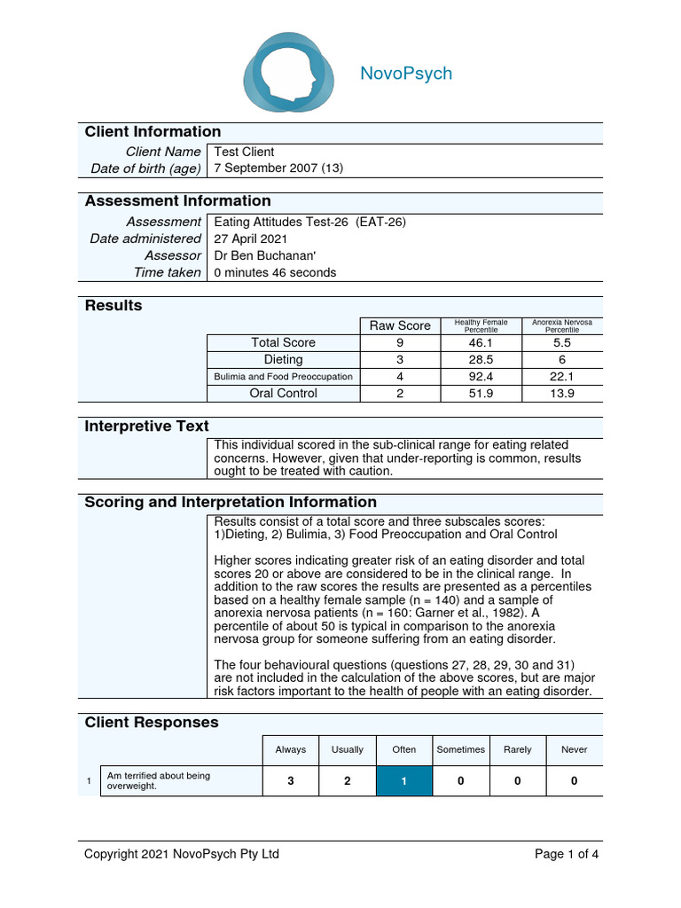 Eating Attitudes Test 26 EAT 26 Scoring Calculator Online | PDF ...