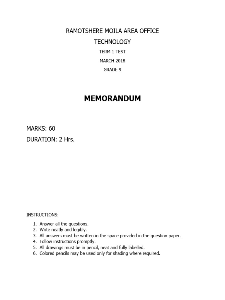 TECHNOLOGY GRADE 9 TERM 1 TEST MARCH 2018 MEMO Eng | PDF | Force