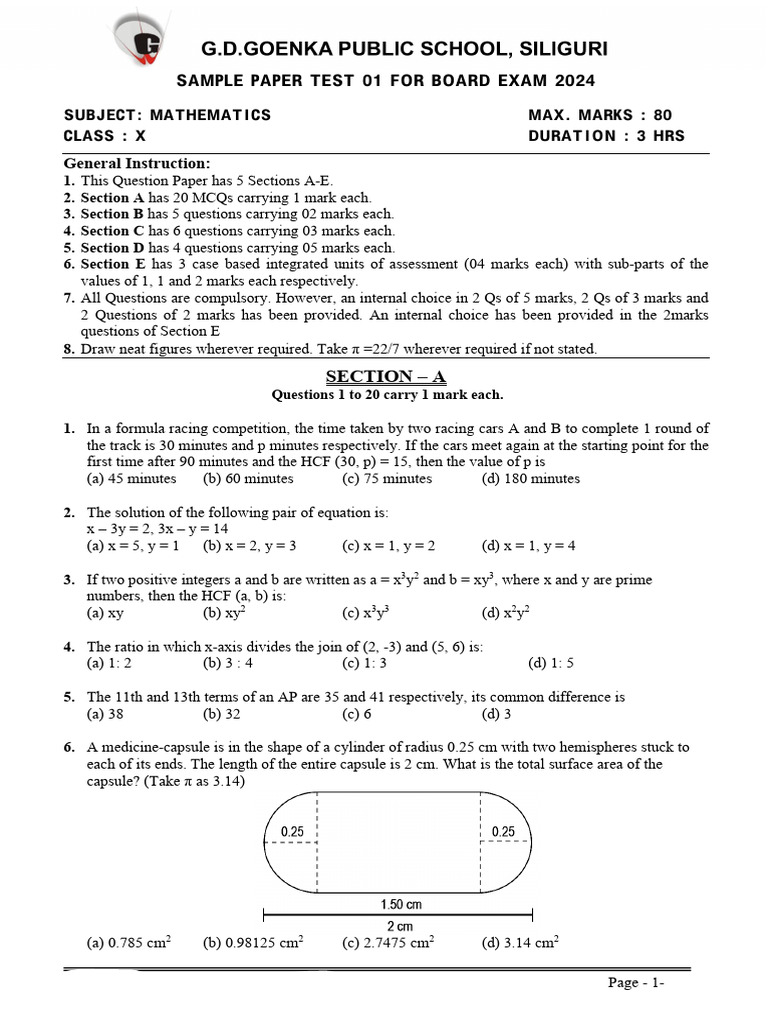 X Math Sample Paper 23-24-1 | PDF | Area | Sphere