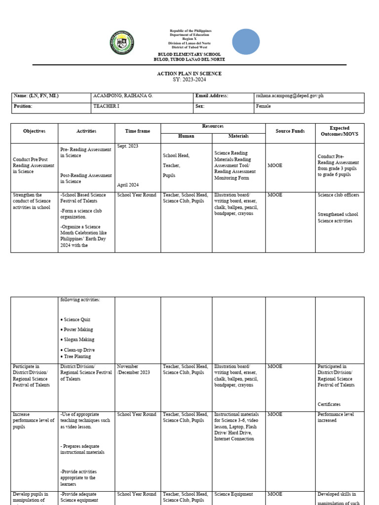 Sample Action Plan Template PDF Teachers Learning