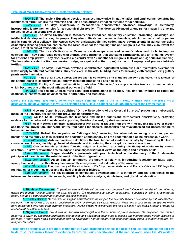 Timeline Of Major Discoveries And Developments In Science Pdf