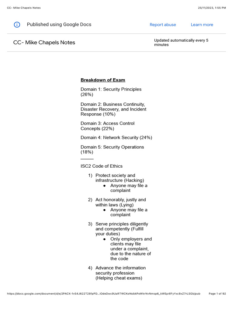 Mike Chapple's ISC2 CC Exam Notes | PDF | Password | Risk
