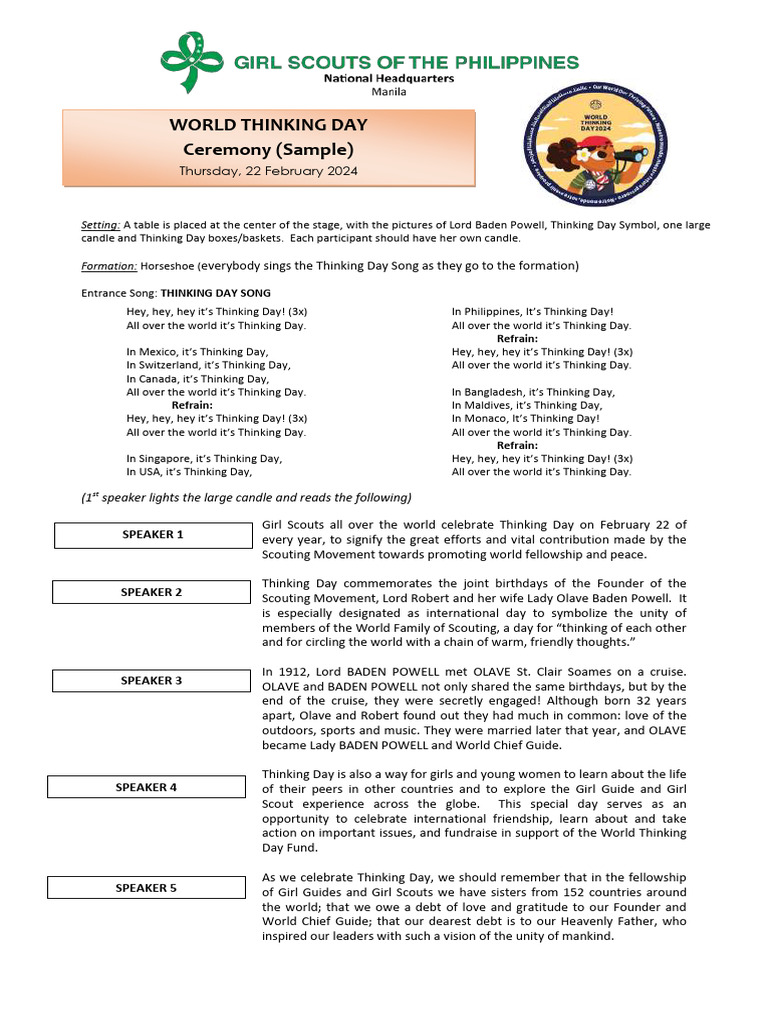 World Thinking Day 2024 Ceremony Guide | PDF | Girl Guiding And Girl ...