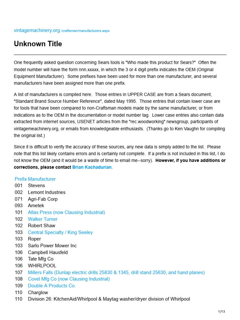 Sears Manufacturer Code Reference List | PDF | Manufactured Goods ...