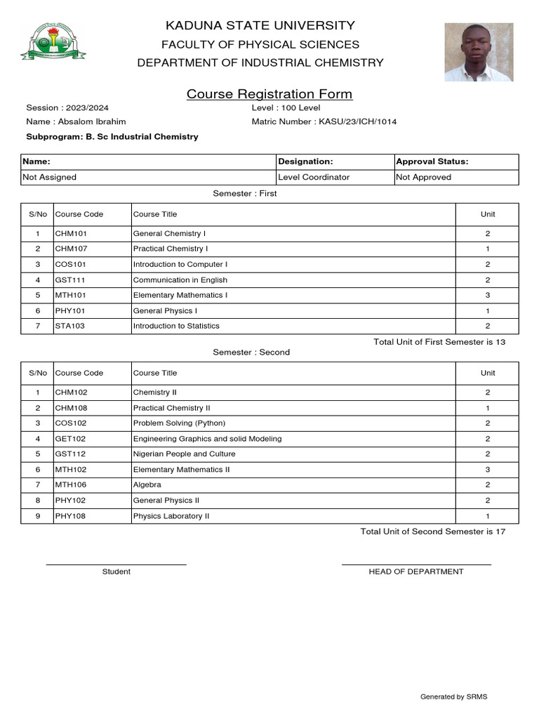 KASU Industrial Chemistry Courses | PDF | Science | Mathematics