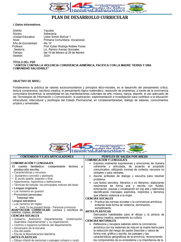 Plan de Desarrollo Curricular Primaria | PDF | Comunicación | Escritura