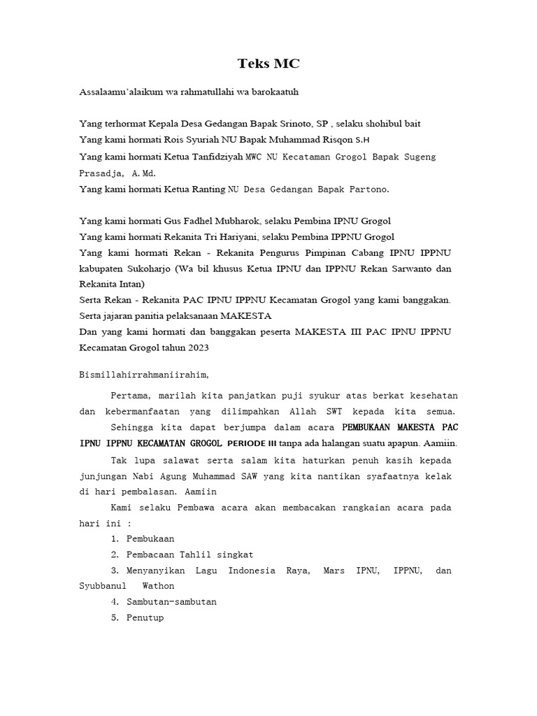Teks MC Pembukaan MAKESTA IPNU IPPNU | PDF
