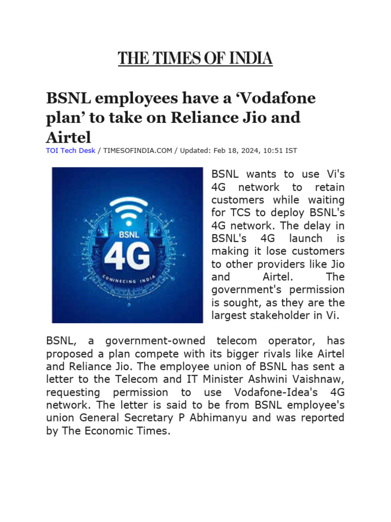 BSNL Seeks Vi Network for 4G Access | PDF | Information And ...