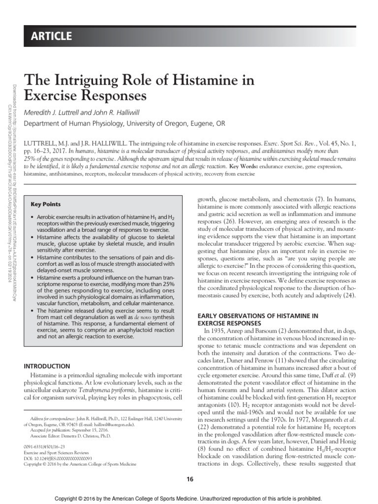 The Intriguing Role of Histamine in Exercise.7 | PDF | Skeletal Muscle ...