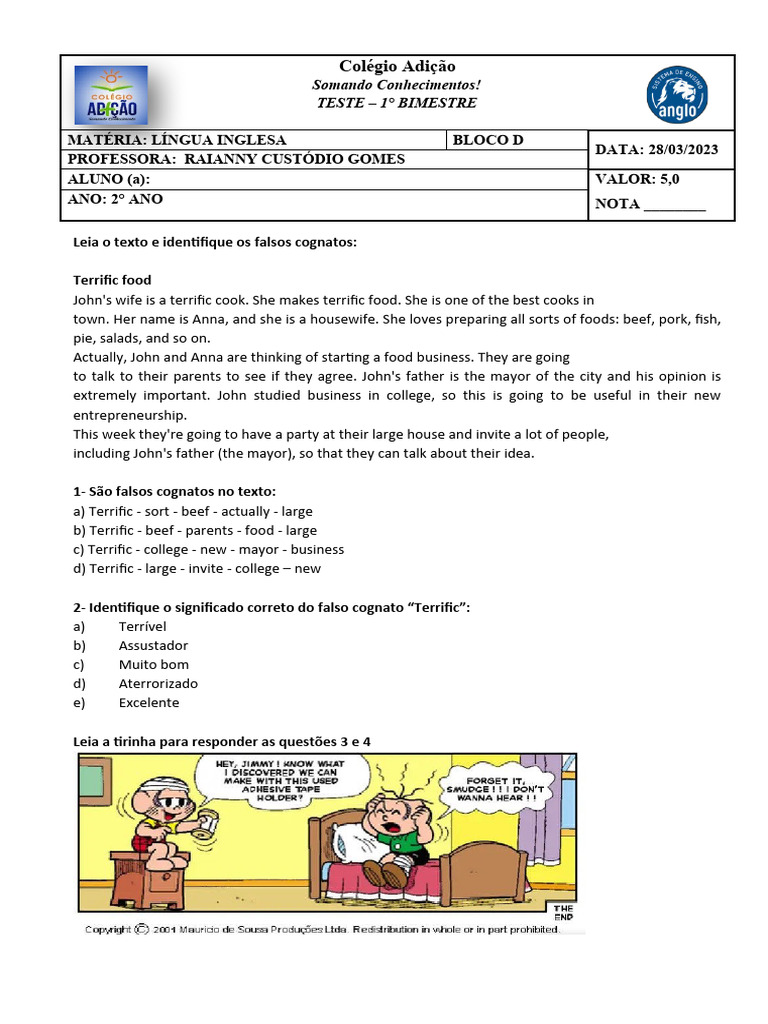 1° Teste de Inglês - 2° Ano | PDF | Language Arts & Discipline ...