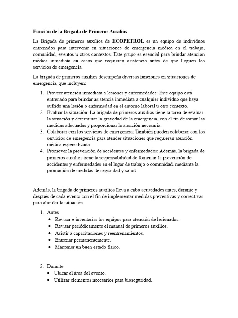Funciones de la Brigada de Primeros Auxilios | PDF | Riesgo | Primeros ...