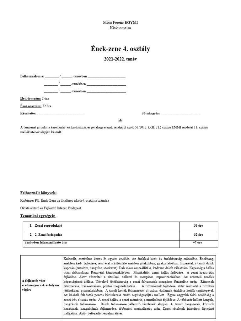 Ének - Zene 3.osztály 2021-2022. | PDF