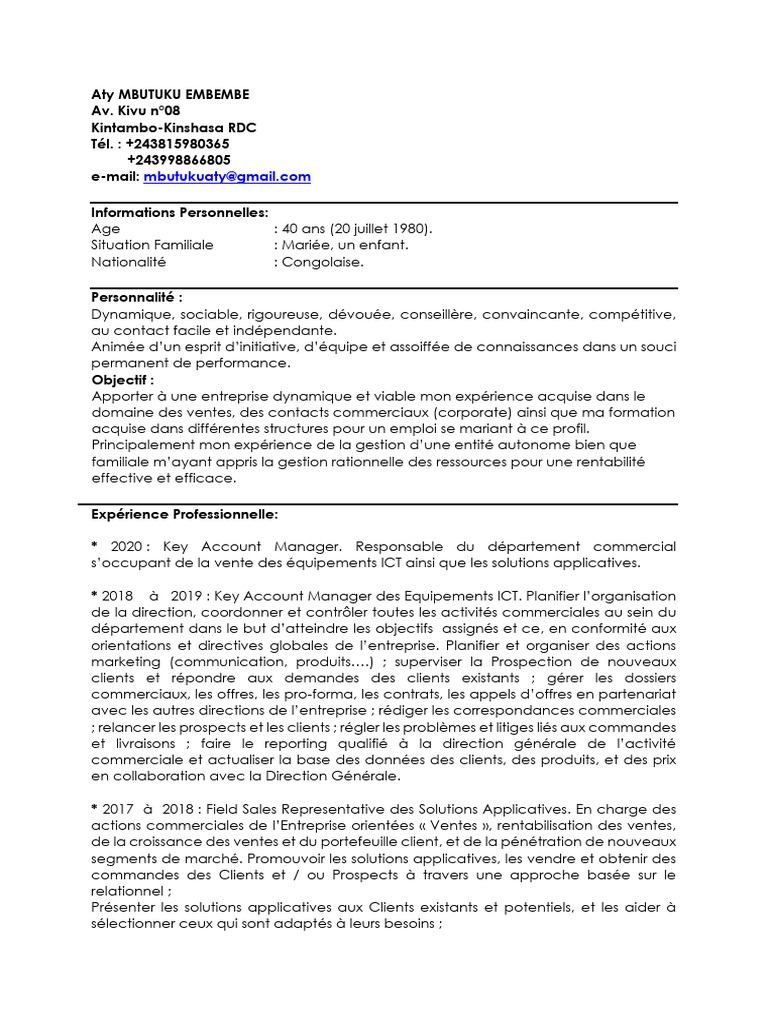 CV Congolais d'Aty Mbutuku 2024 | PDF | Business | République ...