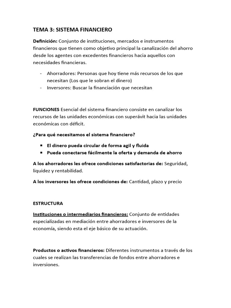 Funciones y Estructura del Sistema Financiero | PDF | Sistema ...