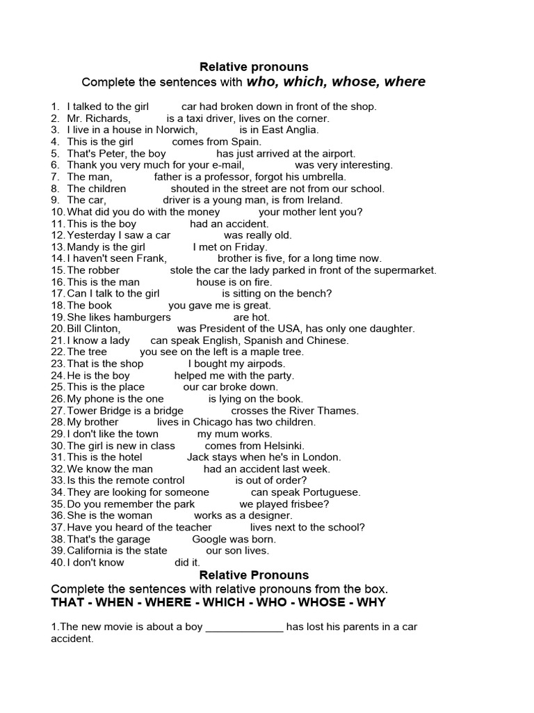 Relative Pronouns Basic Exercises | PDF