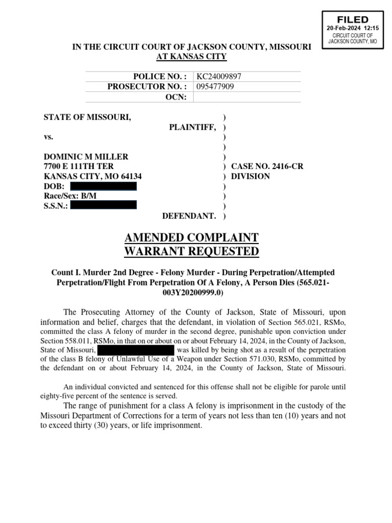 Dominic Miller Chiefs Rally Shooting Charging Documents | PDF | Felony ...