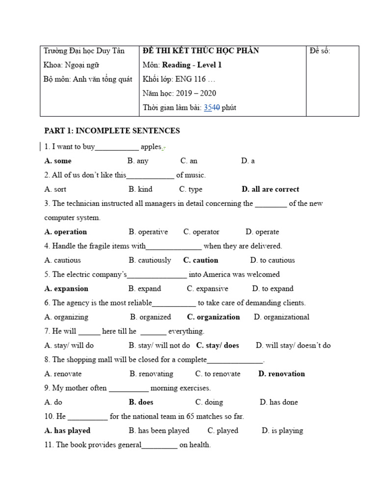 KEY+de+thi+reading+level+1+DE+1 2021 | PDF