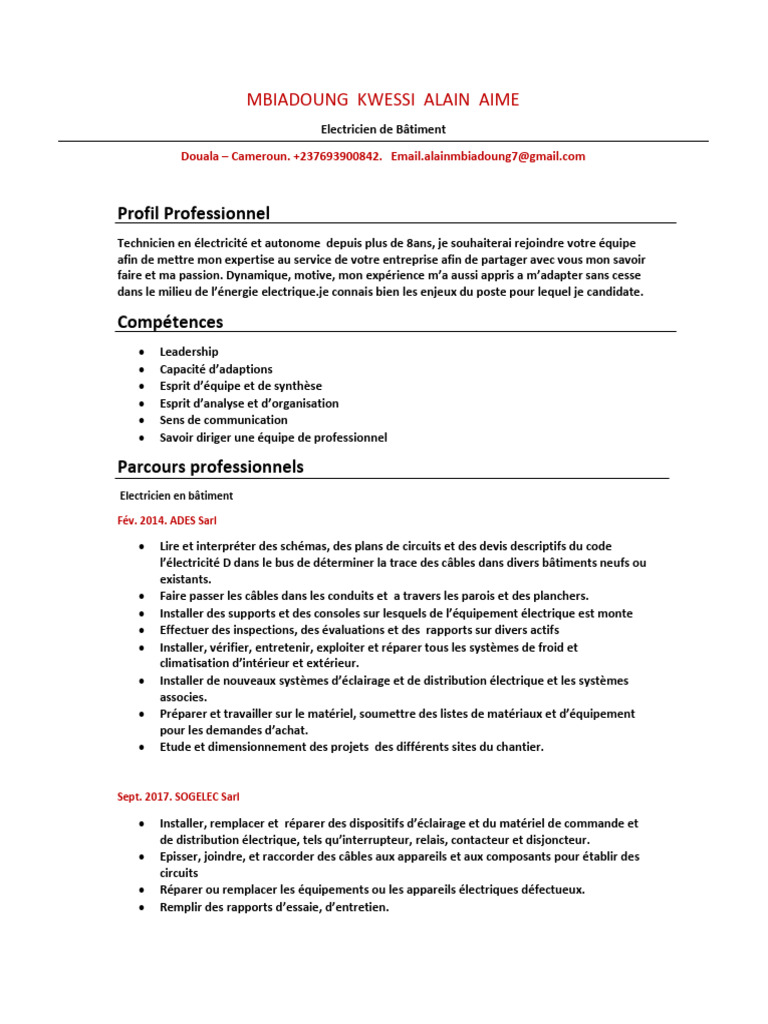 CV Électricien de Bâtiment - Alain M. | PDF | Électrotechnique