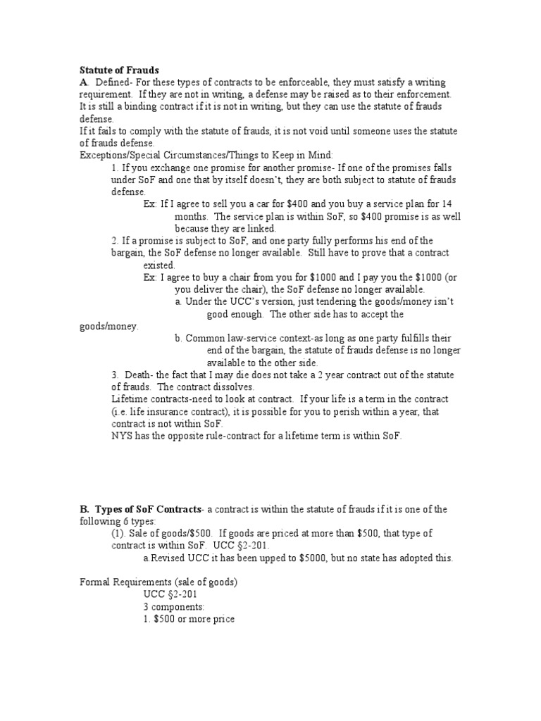 Statute of Frauds A. DefinedFor These Types of Contracts To Be