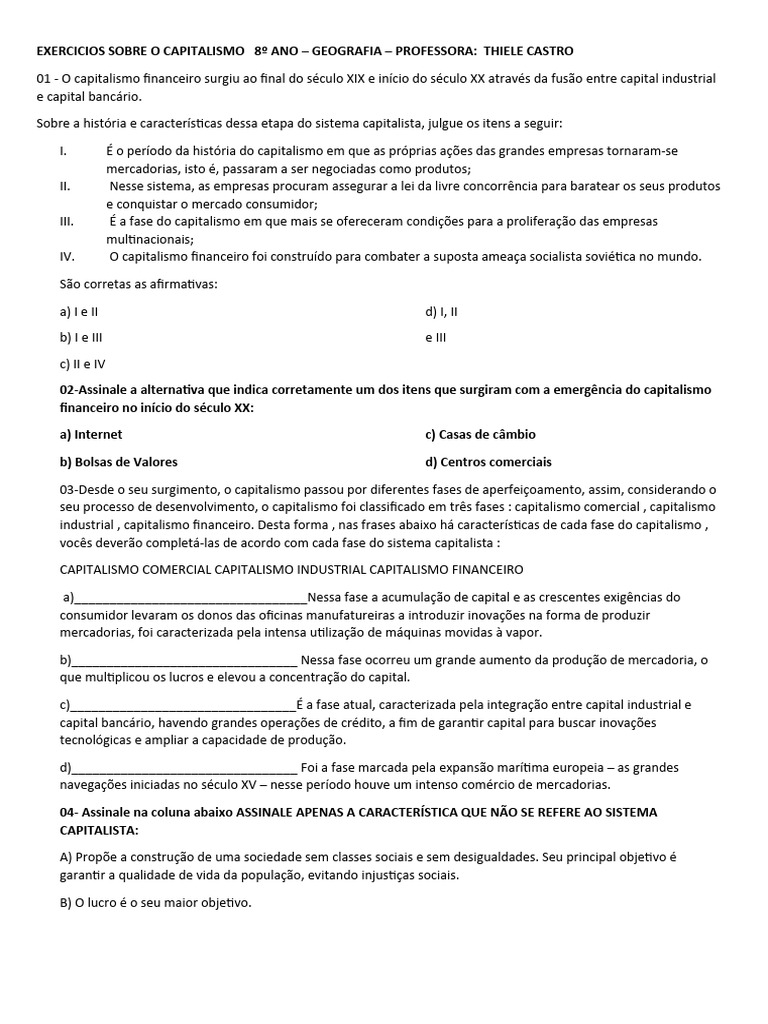 Exercicios Sobre o Capitalismo 8º Ano | PDF | Capitalismo | Corporação ...