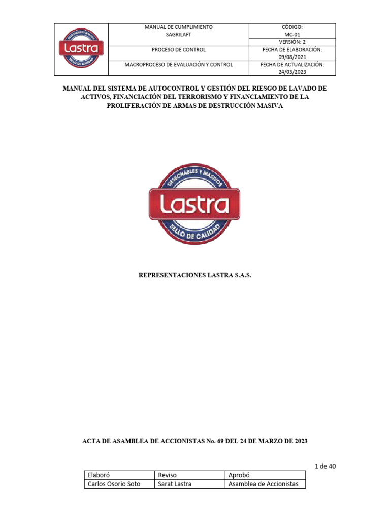 Manual SAGRILAFT Representaciones Lastra | PDF | Lavado de dinero ...