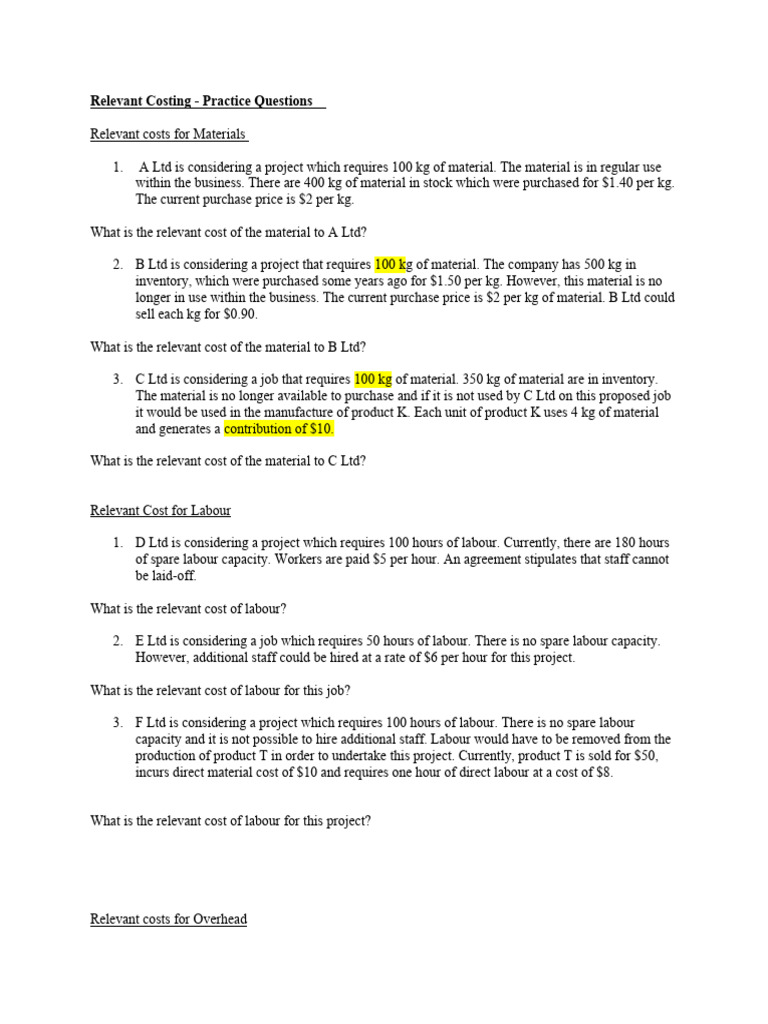 Relevant Costing Practice Questions | PDF | Cost | Economies