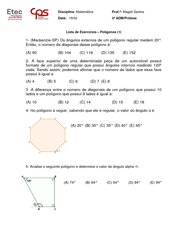 Exercícios sobre Polígonos Regulares 7º Ano | PDF | Métodos e Materiais ...