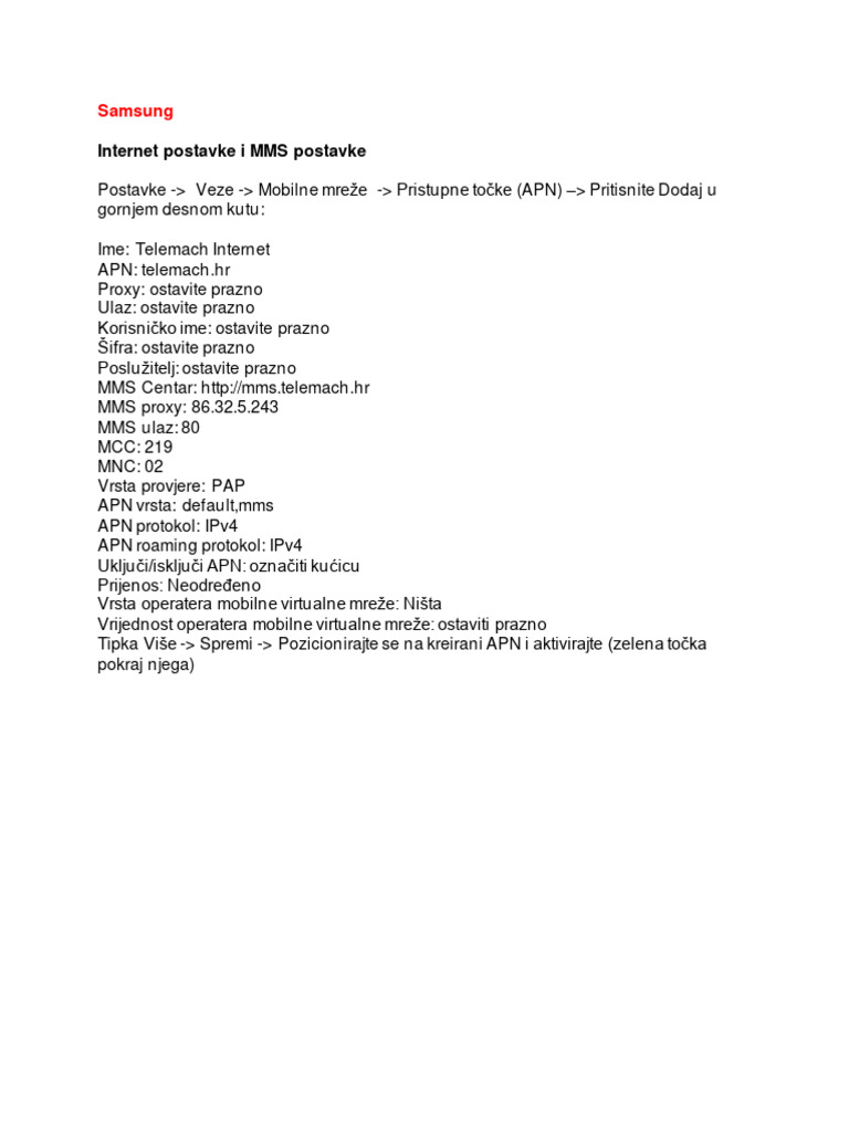 Samsung Postavke Internet MMS | PDF