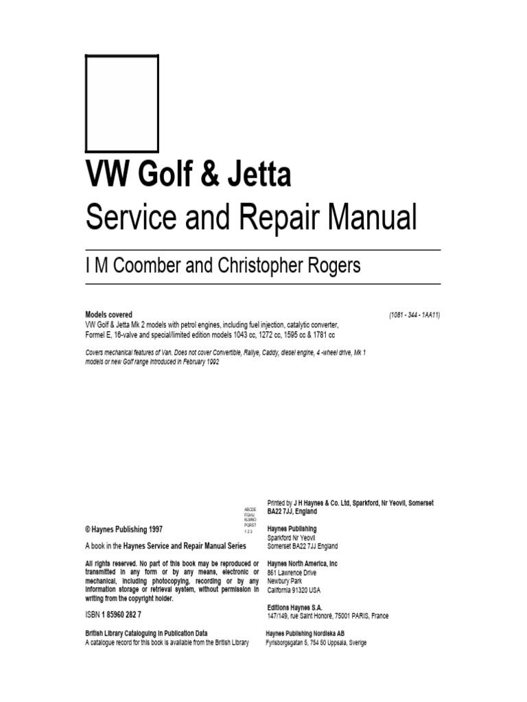 VW Golf Jetta II Service and Repair Manual | PDF | Volkswagen | Brake