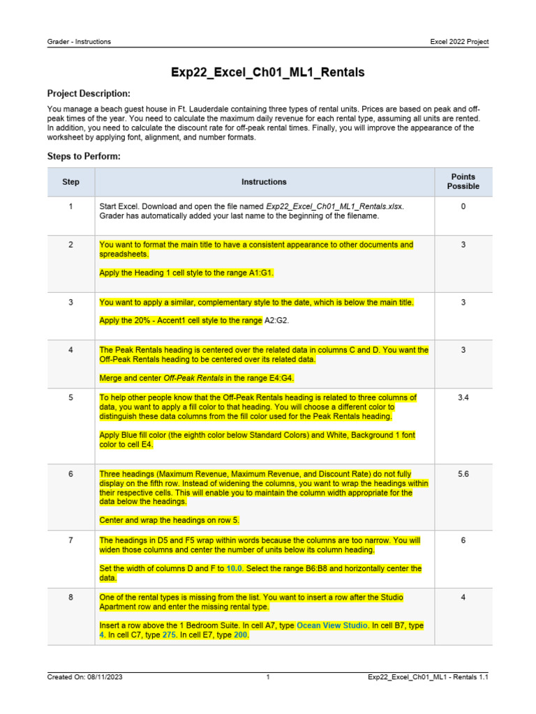 Exp22 Excel Ch01 Ml1 Rentals Instructions Pdf Microsoft Excel