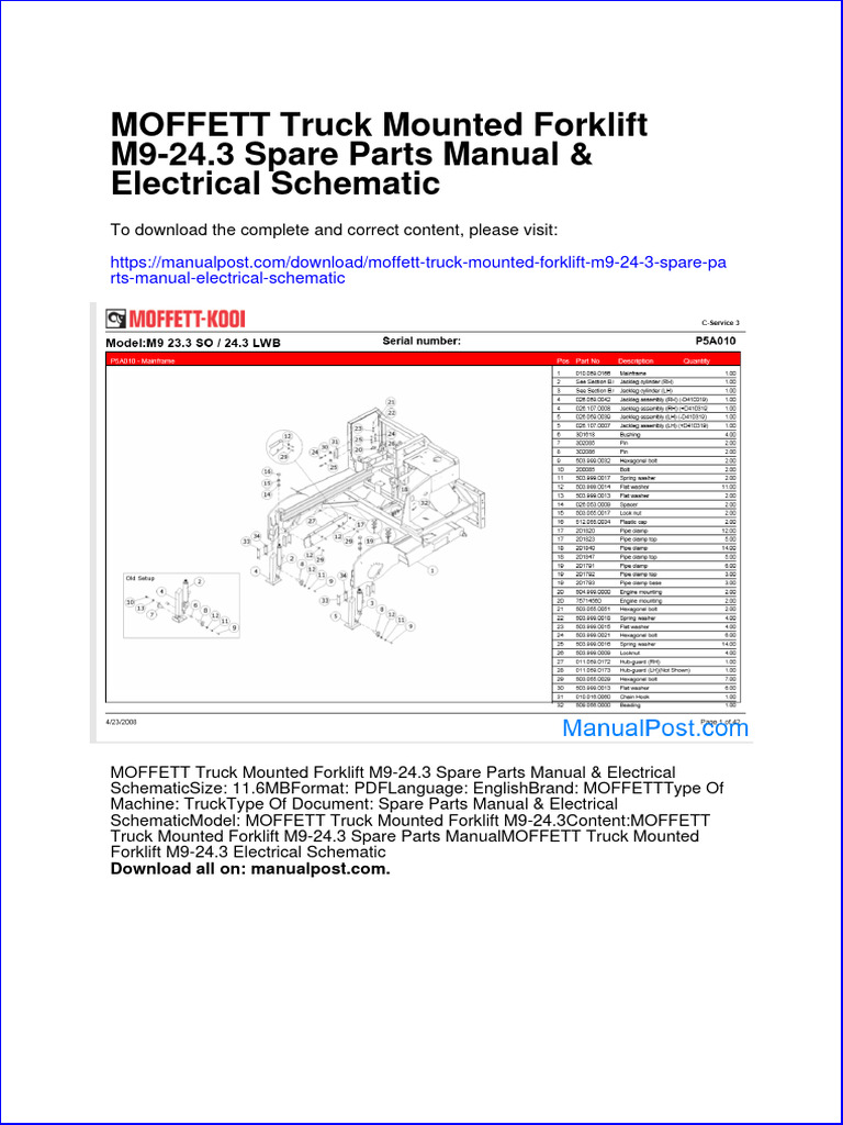 Moffett Truck Mounted Forklift m9 24 3 Spare Parts Manual Electrical