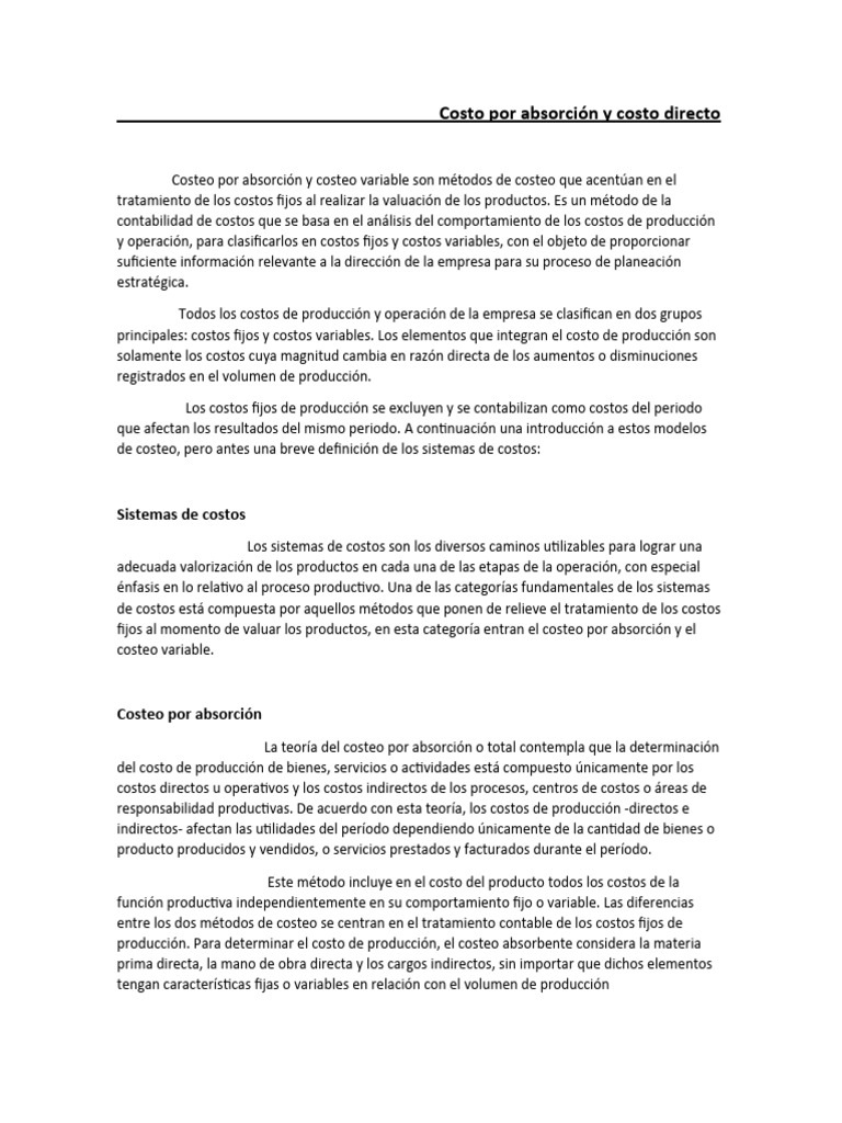 Costo Por Absorcion y Costo Directo | PDF | Costo | Contabilidad