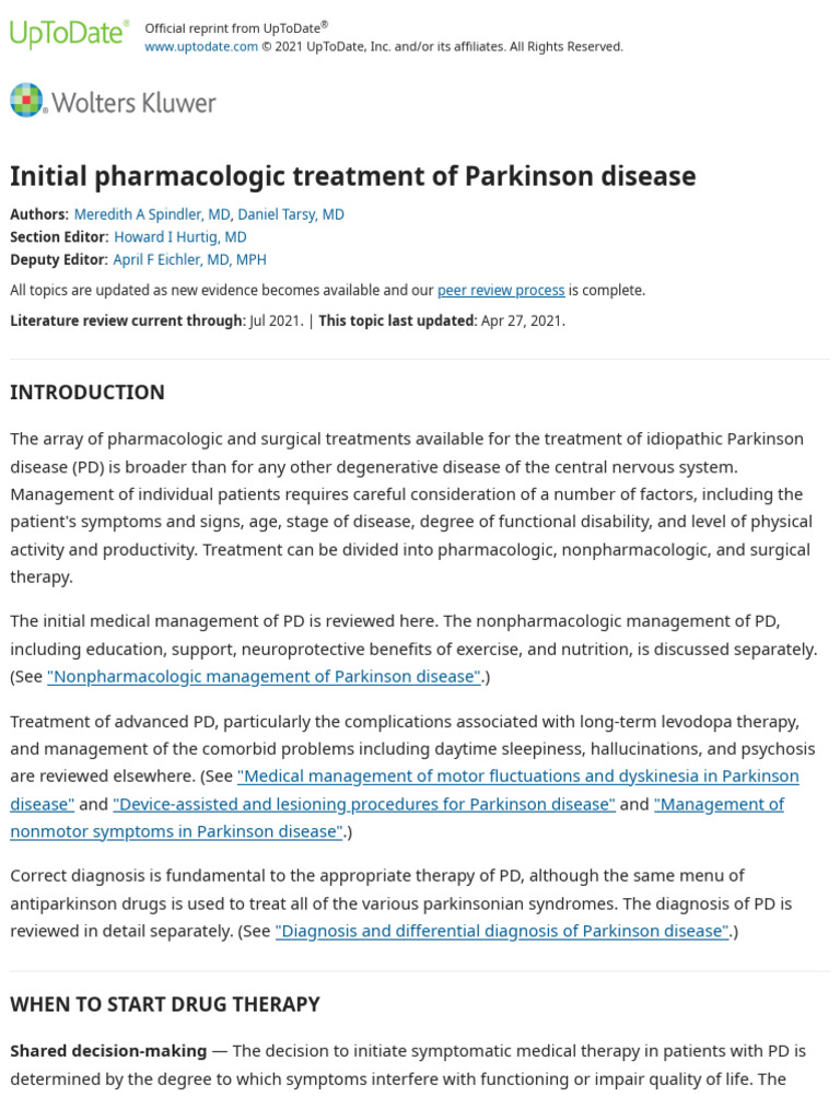 Initial Pharmacologic Treatment of Parkinson Disease UpToDate PDF