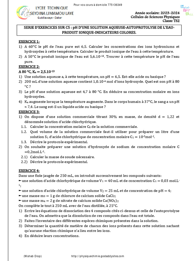 Exercices sur le pH des solutions aqueuses | PDF | Ph | Concentration ...