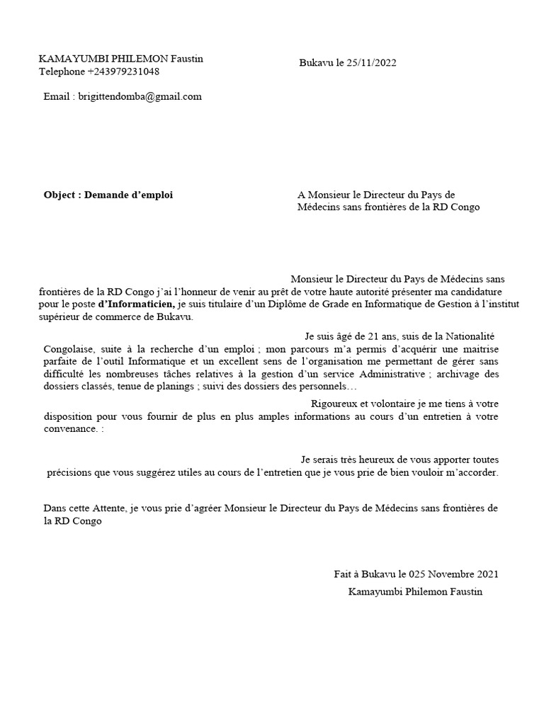 Demande D emploi Informaticien RDC PDF