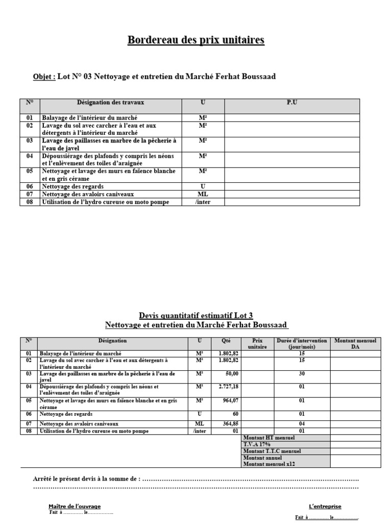 Bordereau Des Prix Unitaires | PDF