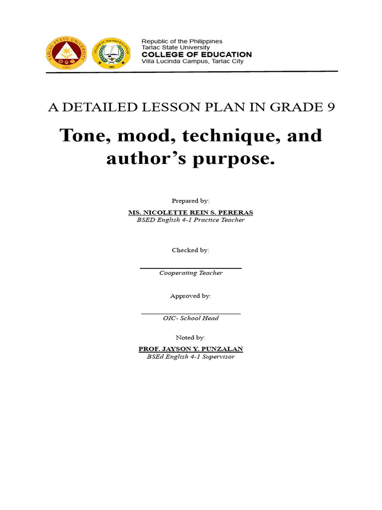 Grade 9 Lesson Plan: Tone and Mood | PDF | Narration