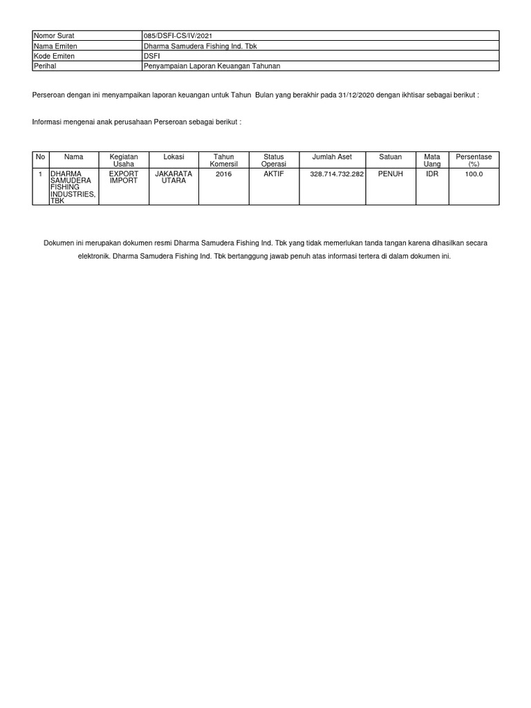 Laporan Keuangan Tahunan DSFI 2020 | PDF