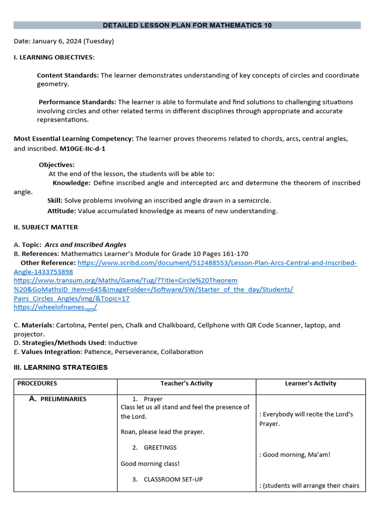 Grade 10 Lesson Plan: Arcs & Angles | PDF | Angle | Circle