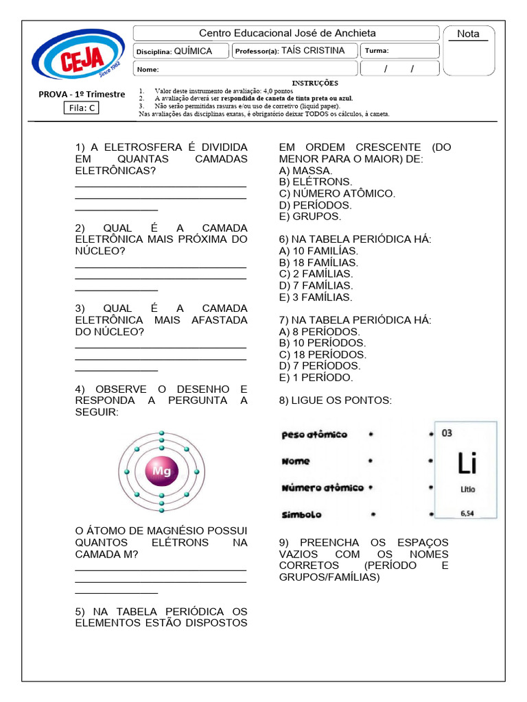 Prova de Química - 1º Trimestre | PDF | Tabela periódica | Química Física