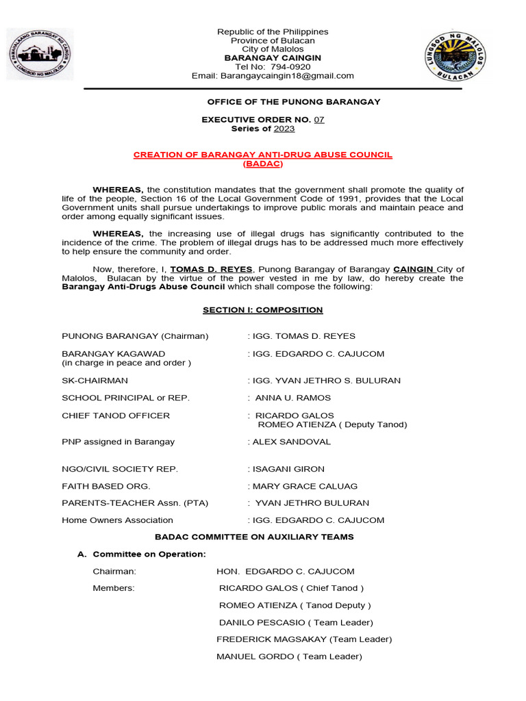 E O Tr 07 2023 Badac Composition Pdf Government Philippines